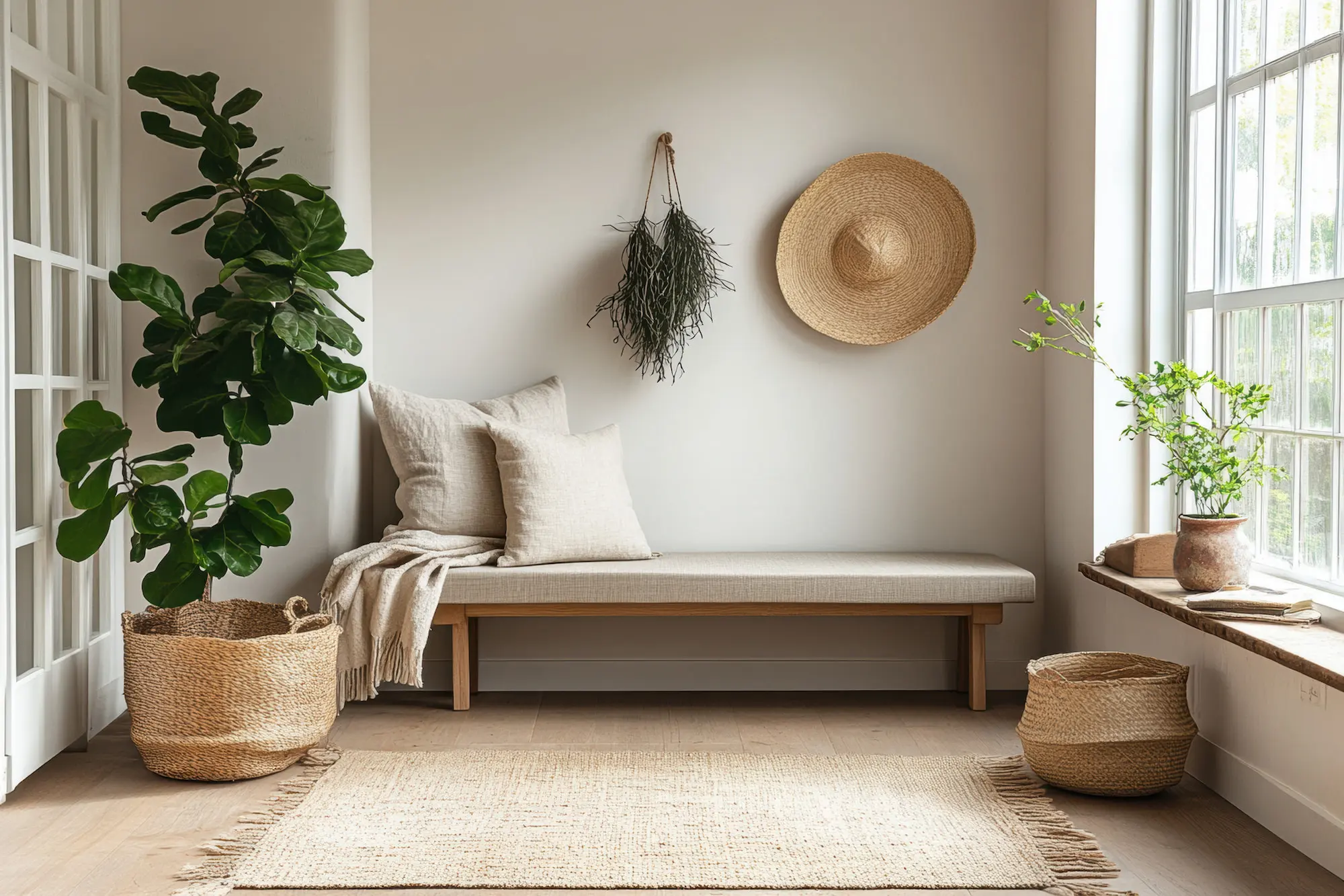 Entrée décorée style boho dans un appartement en location à Genève